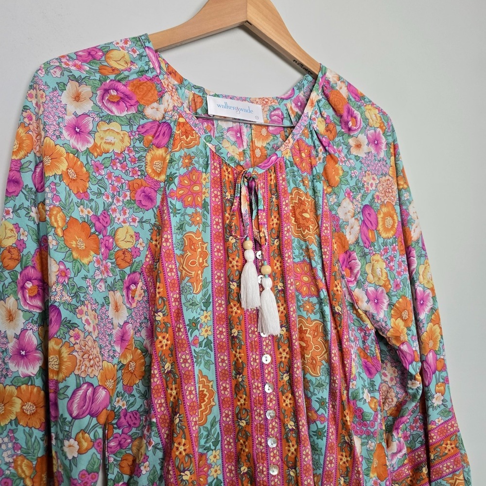 Walker & Wade Women Sonia Top Julep Floral Tassel Tunic Blouse Small Summer Boho - Picture 3 of 10